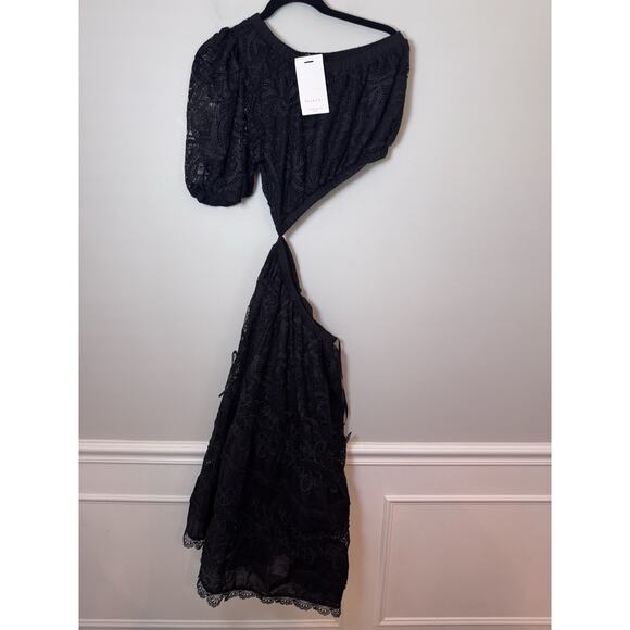 Waimari Jade Midi Dress S Black One Puff Shoulder Sheer Cutout Eyelet Lace NWT - Picture 13 of 16